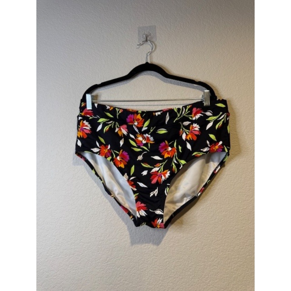 Lands End Womens Black Floral High Waisted Bikini Swim Bottoms Size‎ 18